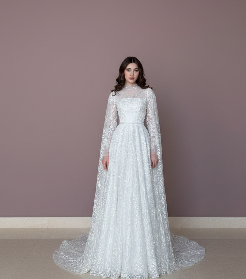 Long Sleeve Wedding Dress Muslim High Neck Modest Alternative White