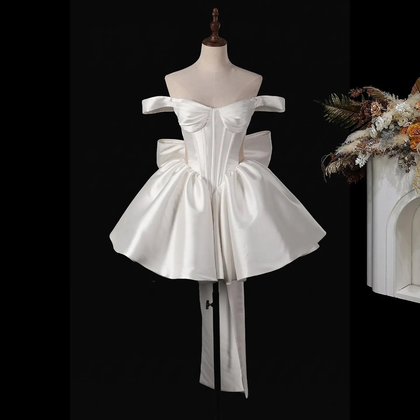 Elegant Lvory Off-the-Shoulder Satin Wedding Dress with Large Bow ZP051