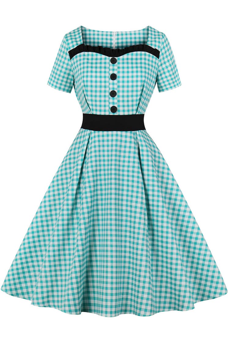 Gingham Square Collar Button Retro Dress - Fashionpara