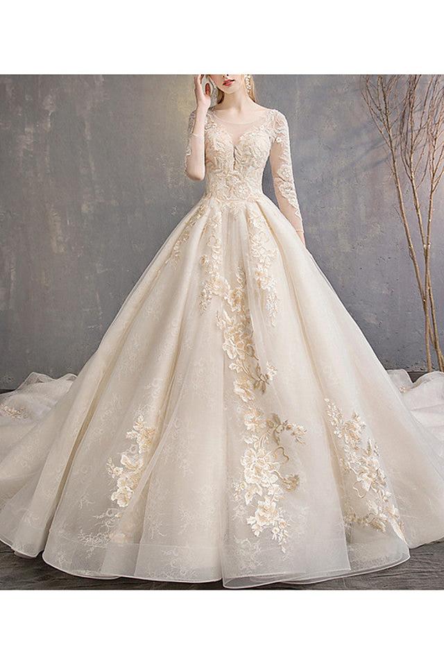 Glamorous A-Line Wedding Dress Jewel Lace 3/4 Length Sleeve Bridal Gowns Backless Court Train