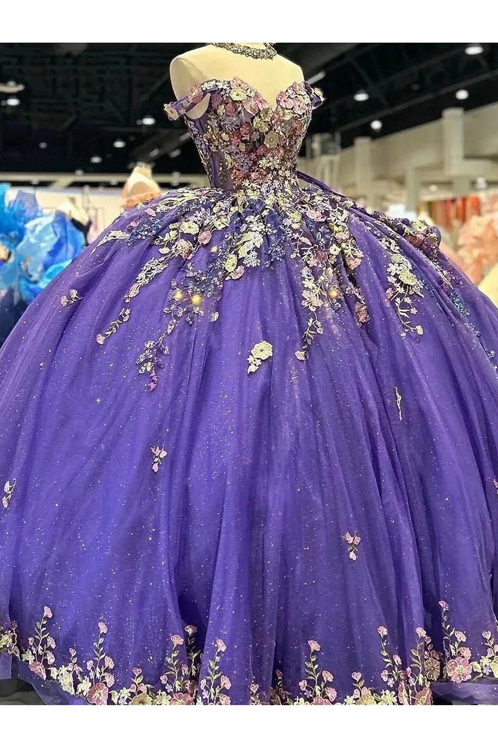 Glamorous Ball Gown Off Shoulder 3D Floral Lace Appliques Beaded Purple Tulle Quinceanera Dress Birthday Princess For Sweet 16