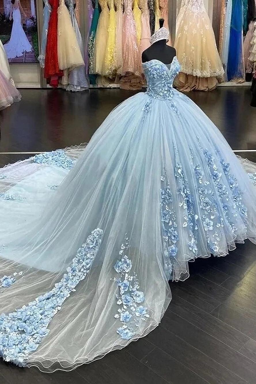Glamorous Ball Gown Off Shoulder 3D Flowers Appliques Sweep Train Sky Blue Tulle Quinceanera Dress For Sweet 16