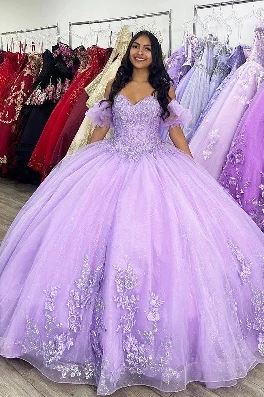 Glamorous Ball Gown Off Shoulder Glitter Tulle Lace Appliques Puffy Sleeves Lilac Tulle Quinceanera Dress For Sweet 16