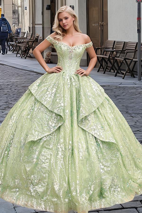 Glamorous Ball Gown Off Shoulder Sleeveless Beaded Tiered Ruffles Silver Flowers Appliques Green Tulle Quinceanera Dress Evening Formal Gown For Sweet 16