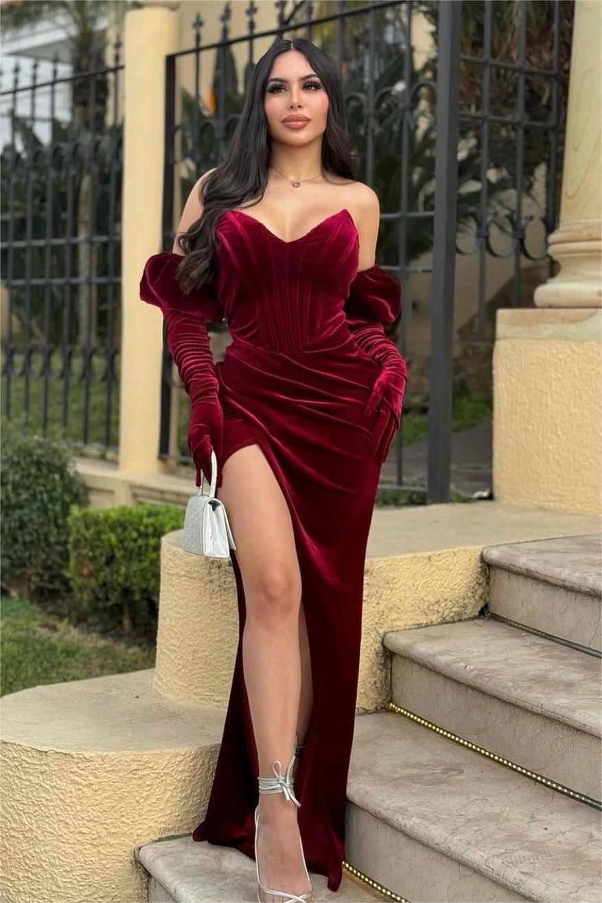Glamorous Burgundy Prom Dress Velvet Sweetheart Split Evening Formal Dress