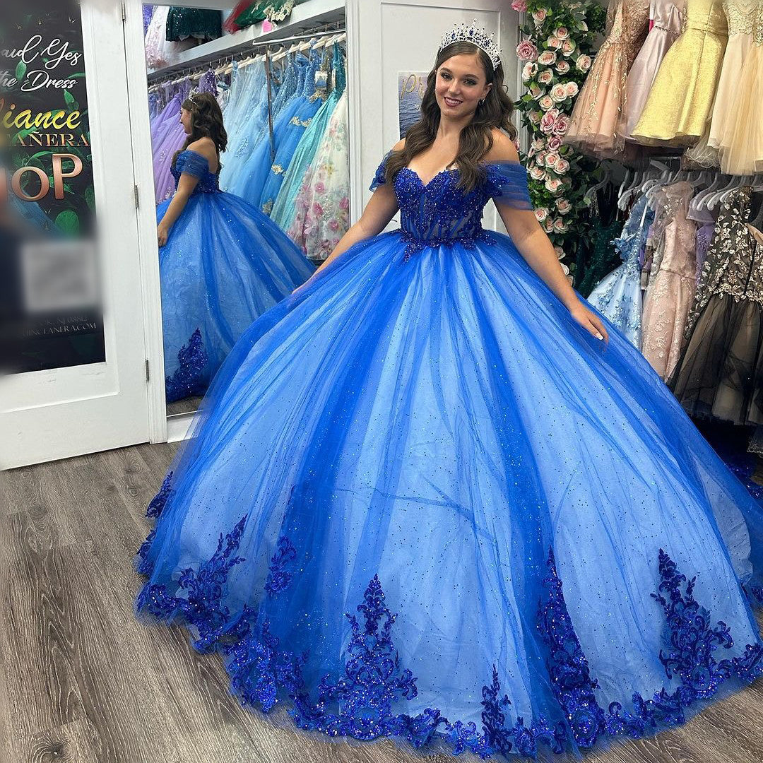 Glamorous & Gorgeous Ball Gown Off Shoulder Sweetheart Neck Flowers Lace Appliques Beaded Royal Blue Tulle Princess Party Gown Quinceanera Dress For Sweet 16