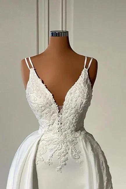 Glamorous Long Ivory A-line V-neck Sleeveless Lace Wedding Dress (ZD15609)