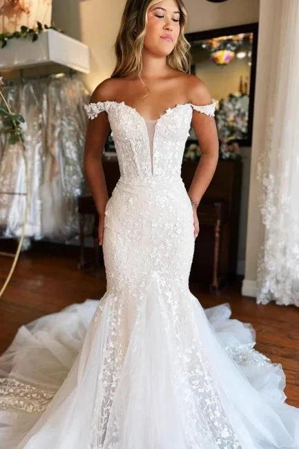 Glamorous Long Mermaid Off-the-shoulder Lace Sleeveless Wedding Dress with Train (ZD15599)