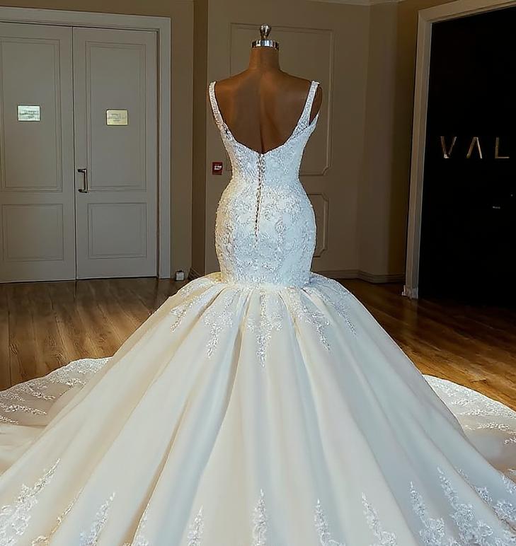 Glamorous Mermaid Puffy Lace Wedding Dresses |  Straps Lace Appliques Sleeveless Bridal Gowns