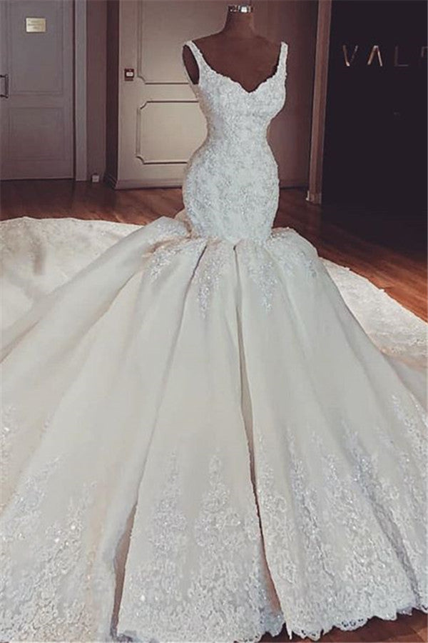 Glamorous Mermaid Puffy Lace Wedding Dresses |  Straps Lace Appliques Sleeveless Bridal Gowns