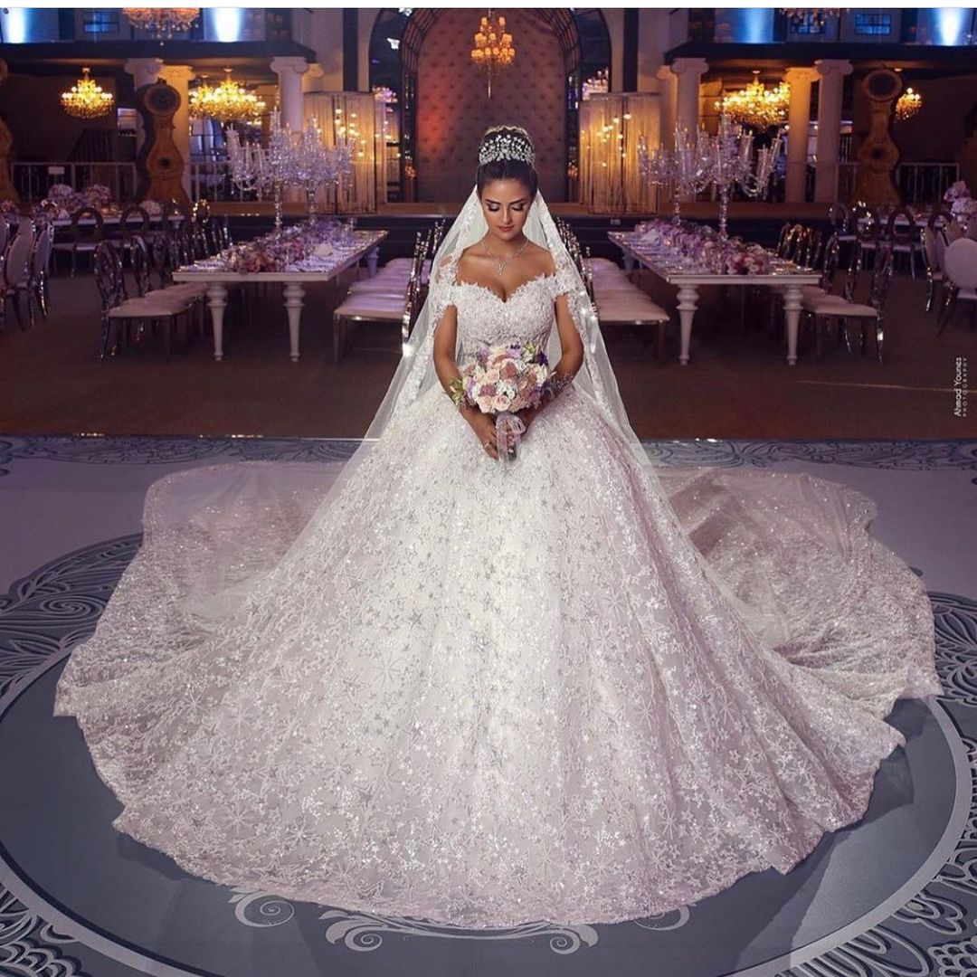 Glamorous Off Shoulder Aline Ball Gown Cathedral Train