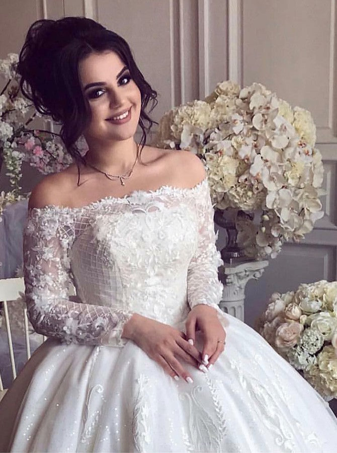 Glamorous Off Shoulder Long Sleeves Wedding Dresses  | Lace Brial Ball Gowns