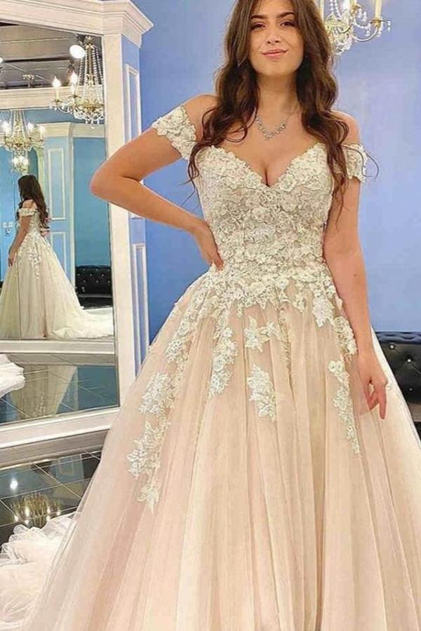 Glamorous Off-the-Shoulder 3D Floral Lace Wedding Dress Tulle Aline Bridal Dress