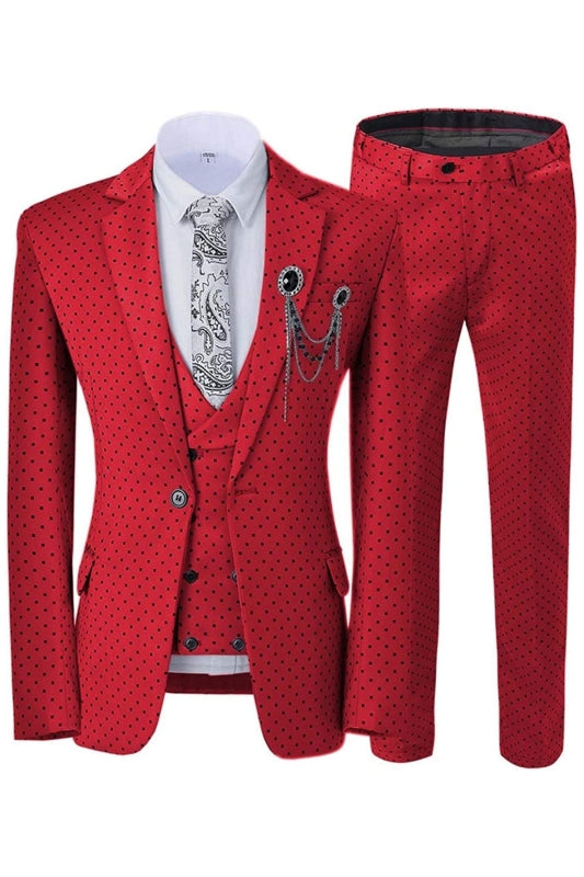 Glamorous Red Notched Lapel 3 Piece Prom Suit with Black Dot