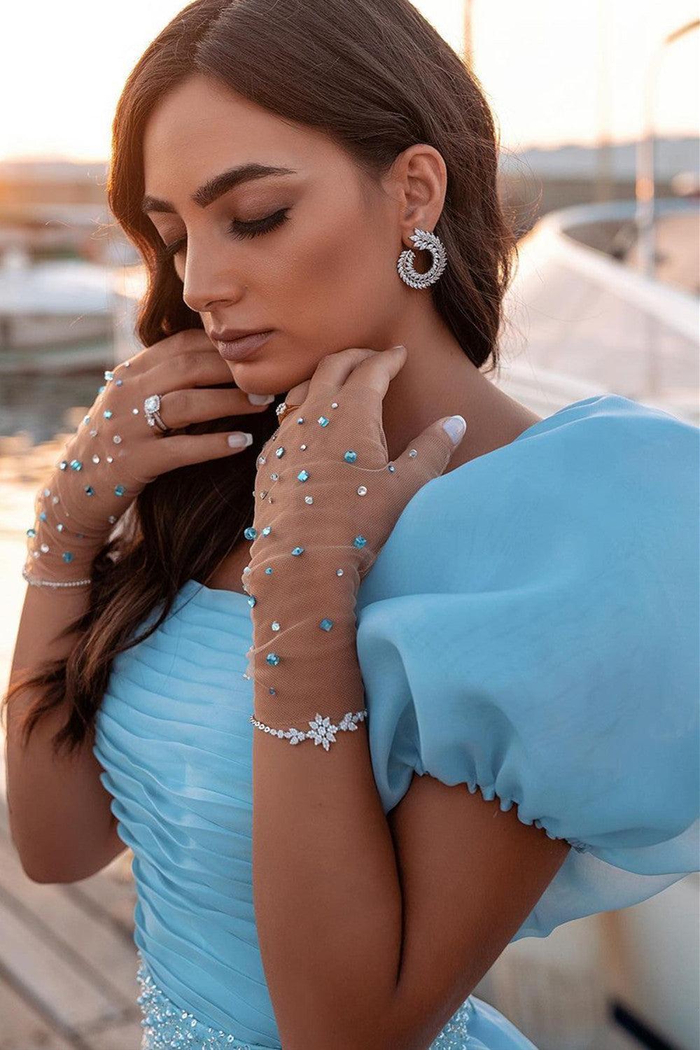 Glamorous Tulle Lake Blue Sequins Mermaid Prom Dresses With Detachable Skirt