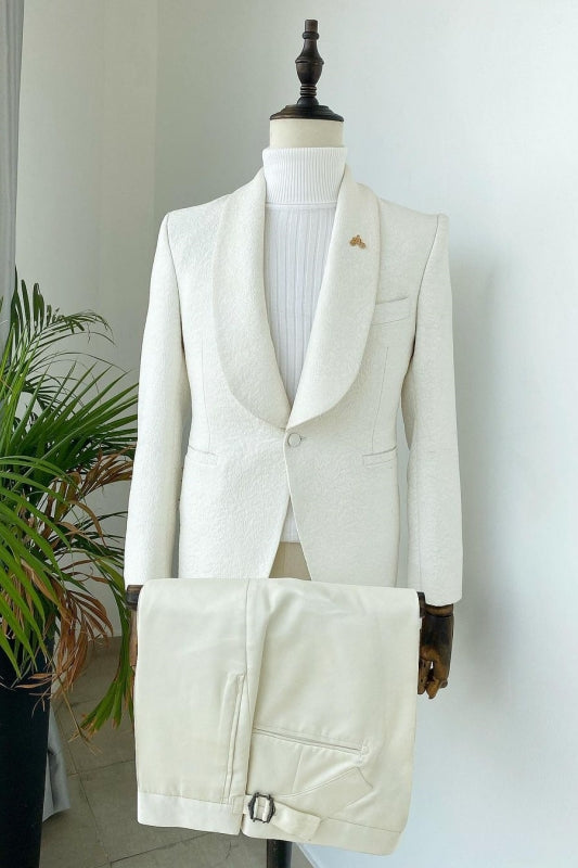Glamorous White Shawl Lapel 2 Piece Jacquard Wedding Suit