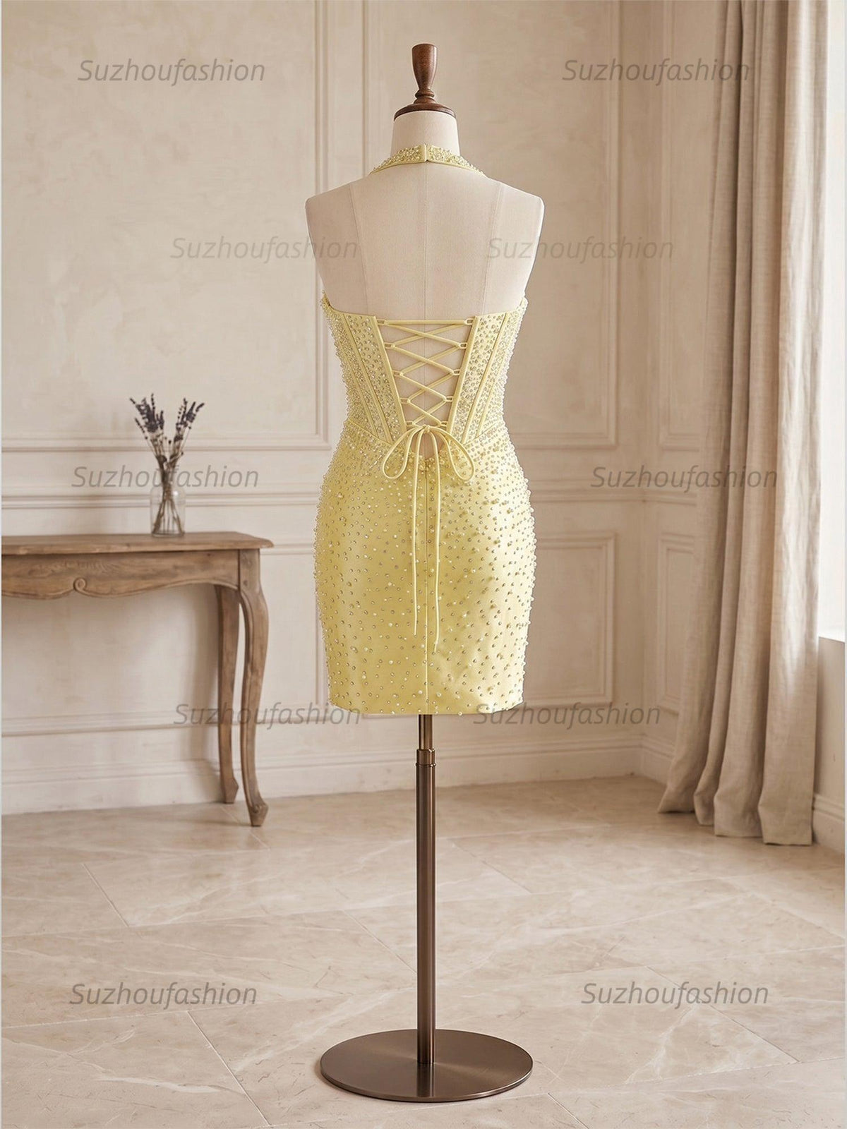 Suzhoufashion Glamorous Yellow Pearl Beaded Corset Short Homecoming Dresses