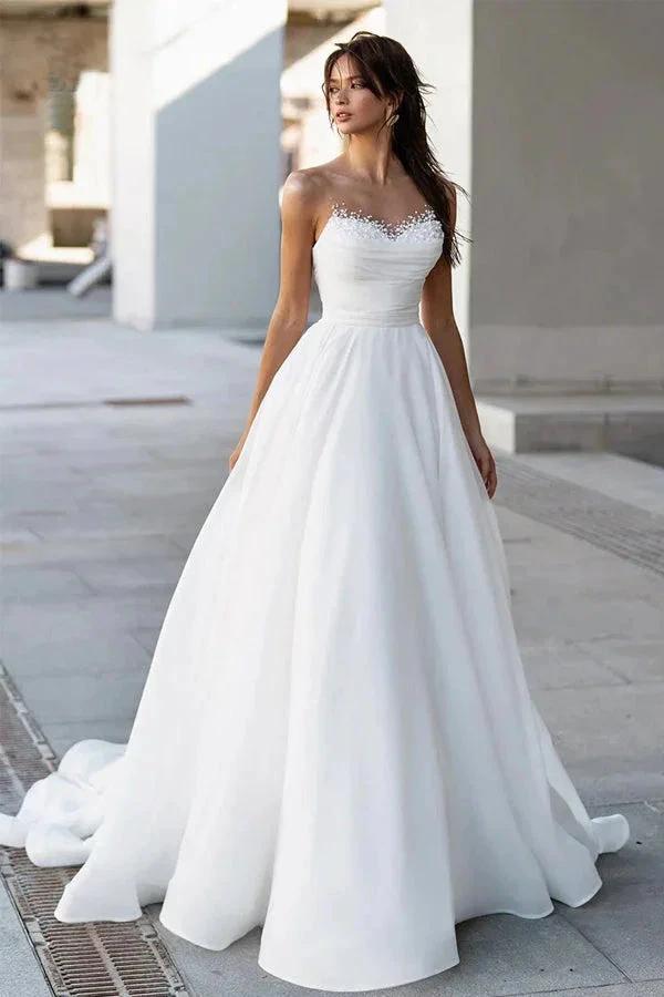 Glamorous Off-Shoulder Sweetheart Pearls Modest Wedding Dress (ZD16386)