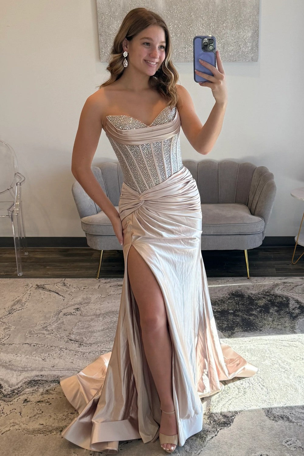 Sparkly Mermaid Sweetheart Champagne Corset Prom Dress with Beading