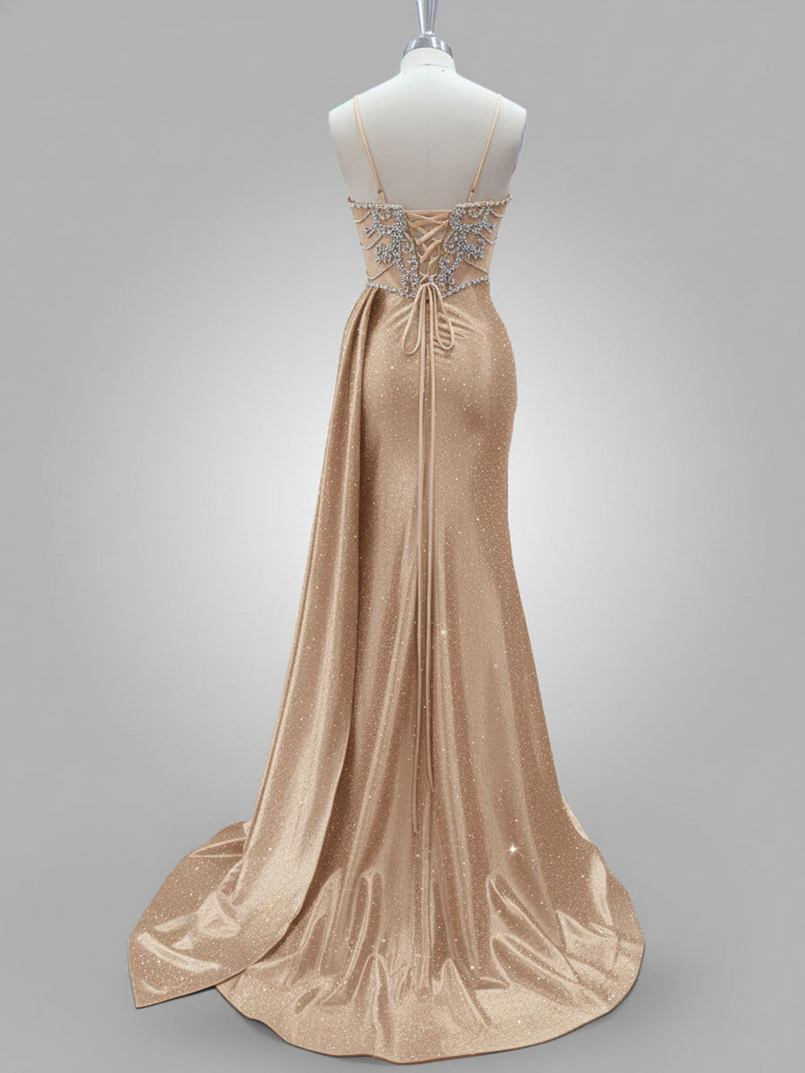 Glamorous Dusty Rose Beaded Sheer Corset Prom Dress with High Slit