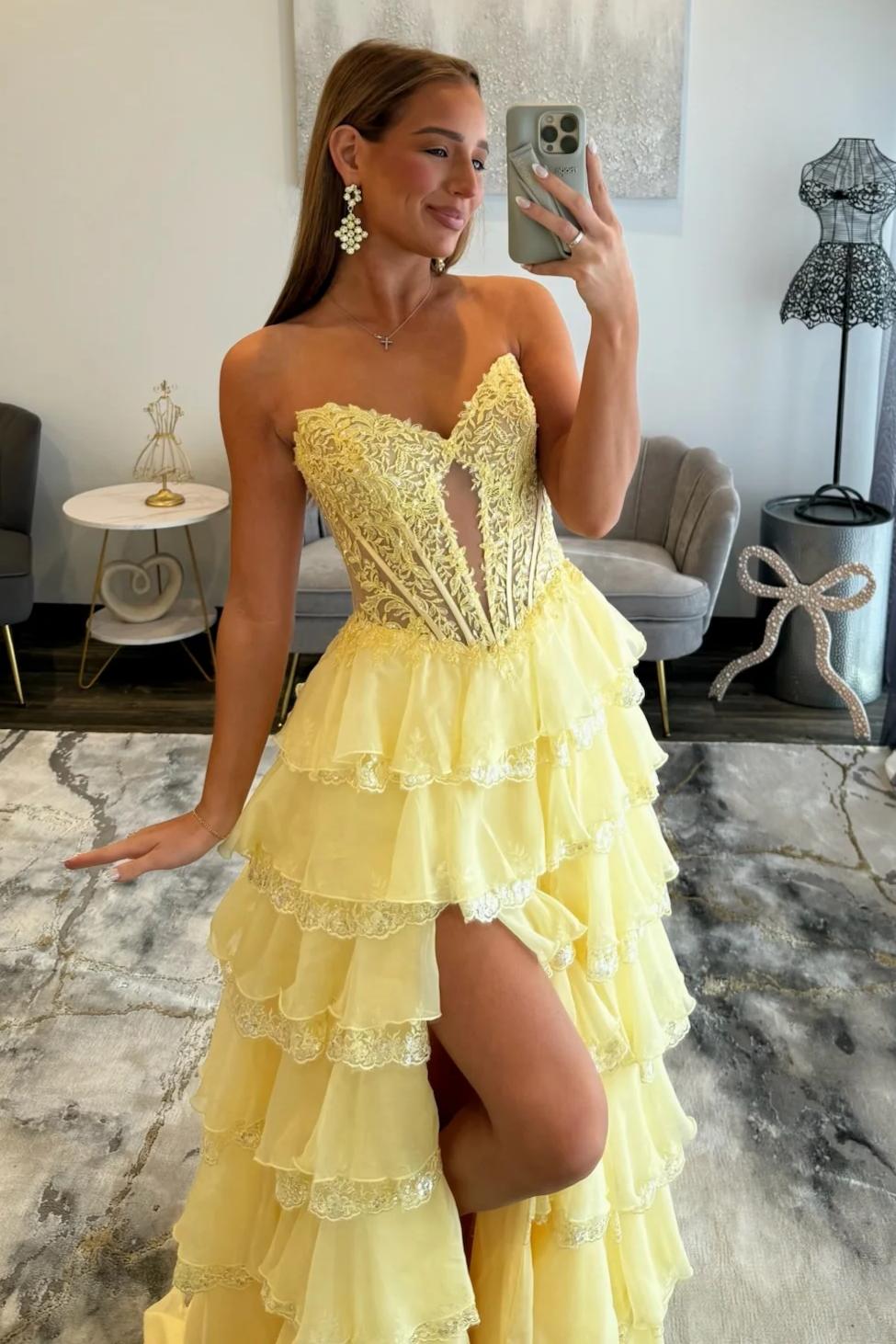 Pretty A Line Sweetheart Yellow Corset Prom Dress with Appliques Ruffles