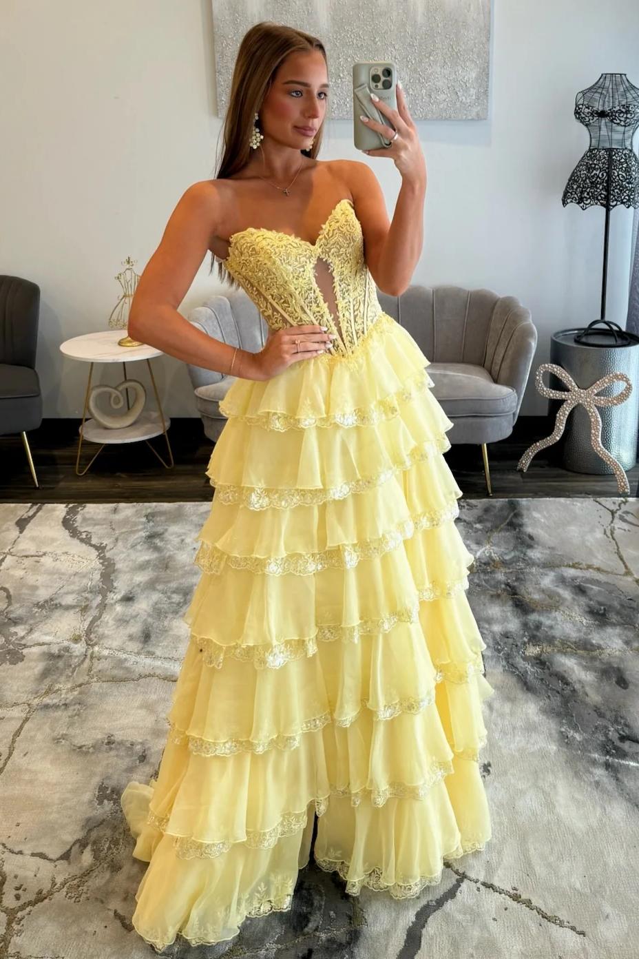 Pretty A Line Sweetheart Yellow Corset Prom Dress with Appliques Ruffles