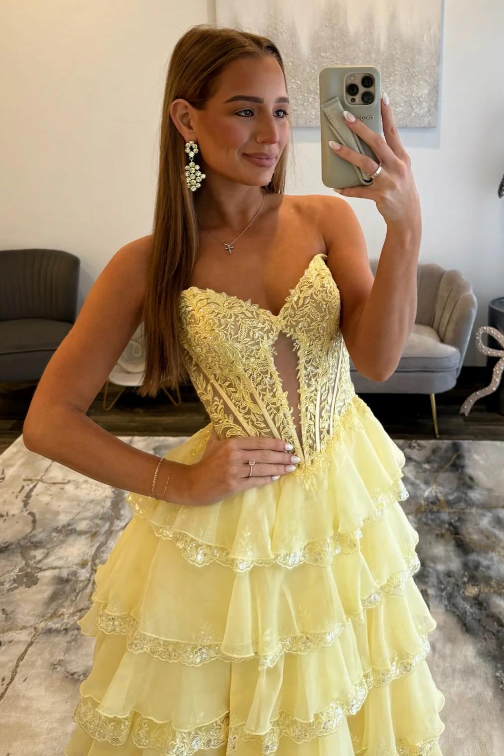 Pretty A Line Sweetheart Yellow Corset Prom Dress with Appliques Ruffles