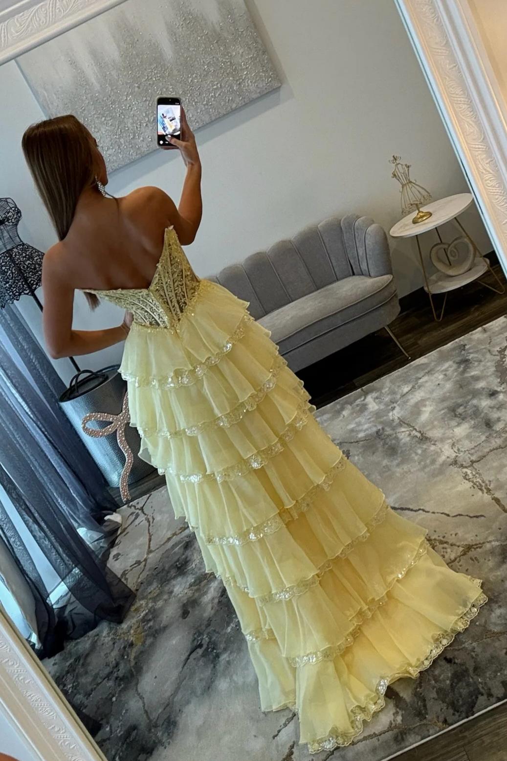 Pretty A Line Sweetheart Yellow Corset Prom Dress with Appliques Ruffles