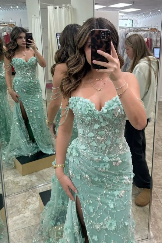 Glamorous Mermaid Off the Shoulder Green Long Prom Dress with Appliques