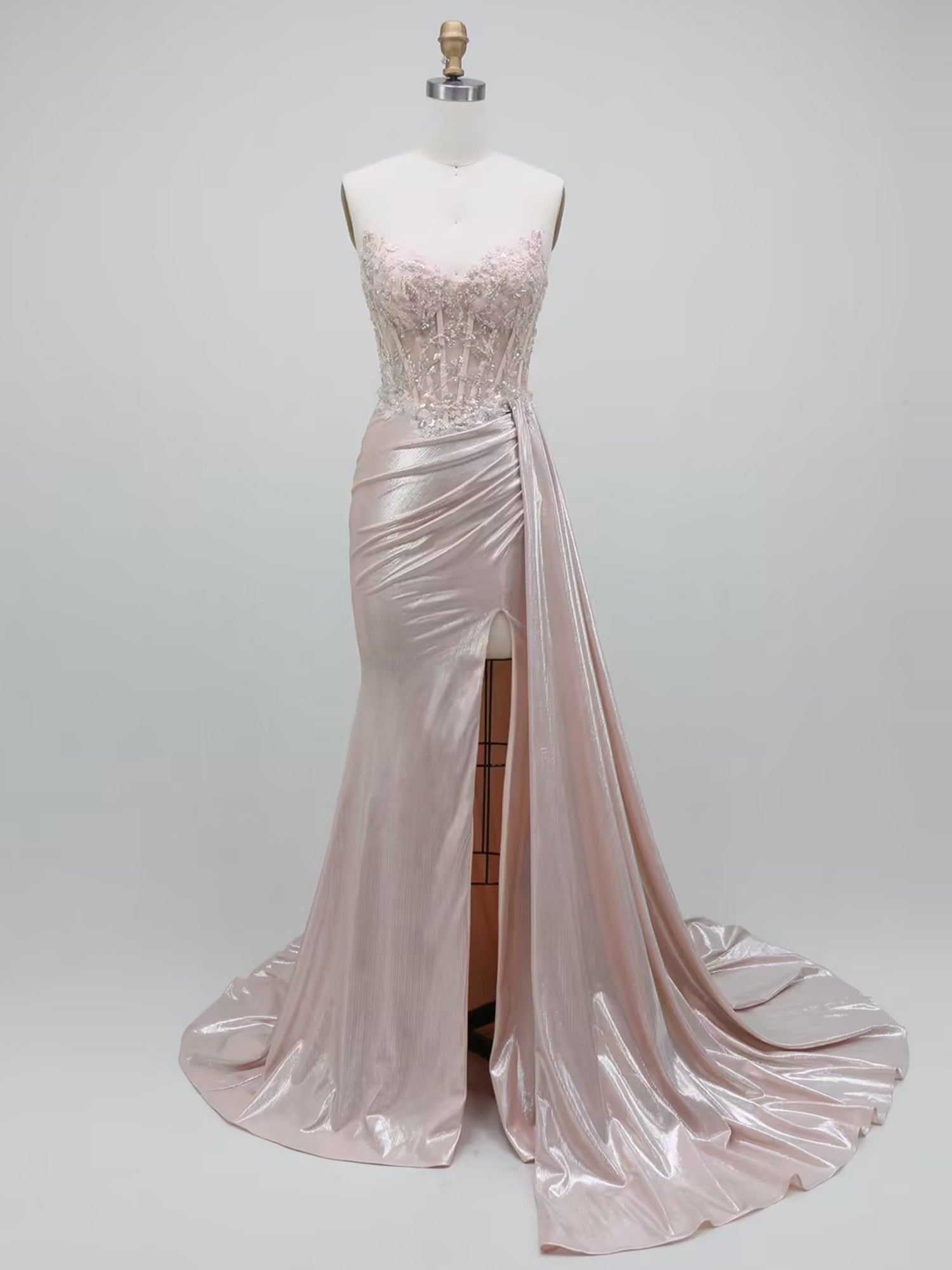 Glamorous Metallic Rose Gold Side Drape Corset Prom Dress with Slit