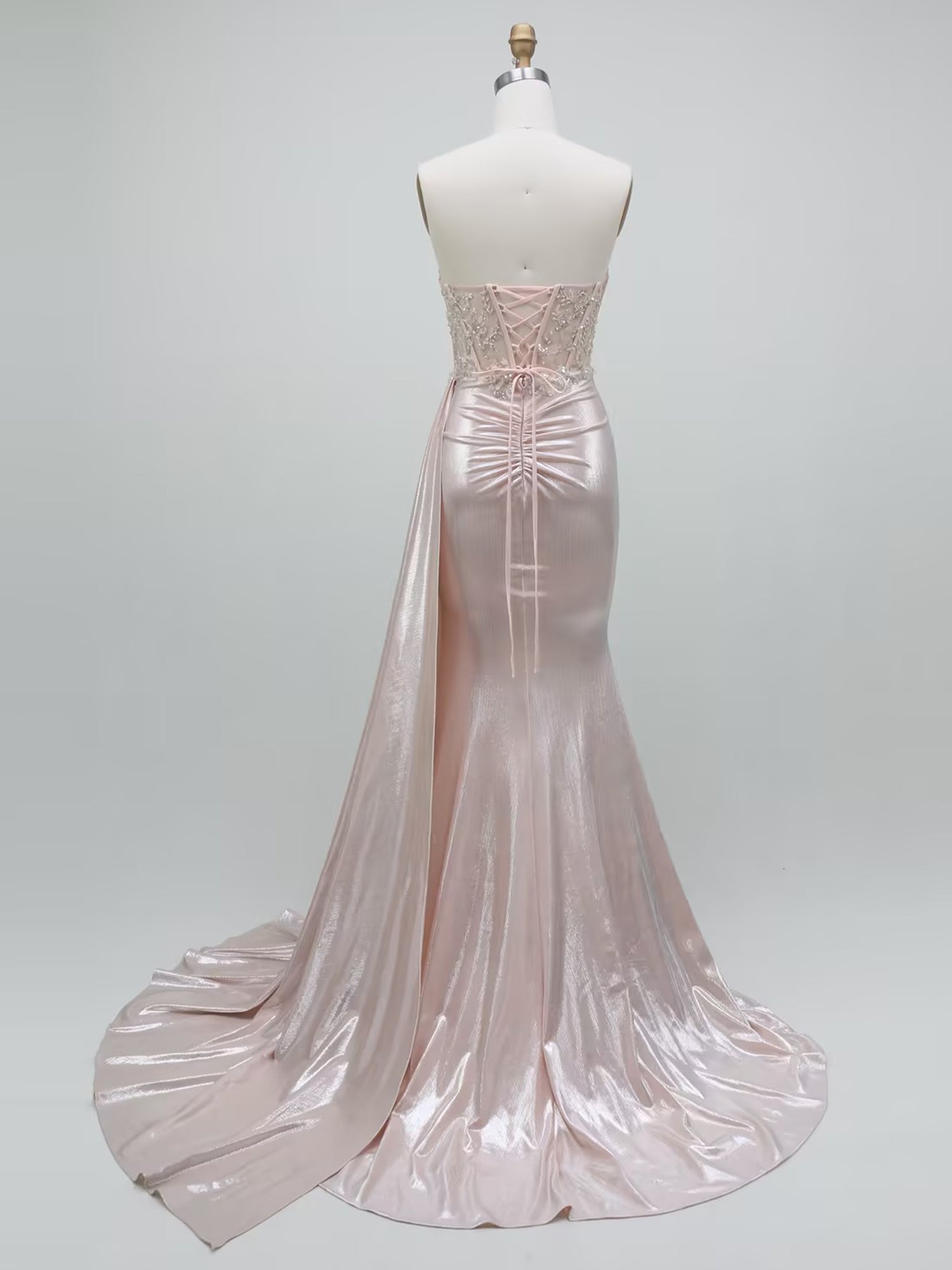 Glamorous Metallic Rose Gold Side Drape Corset Prom Dress with Slit