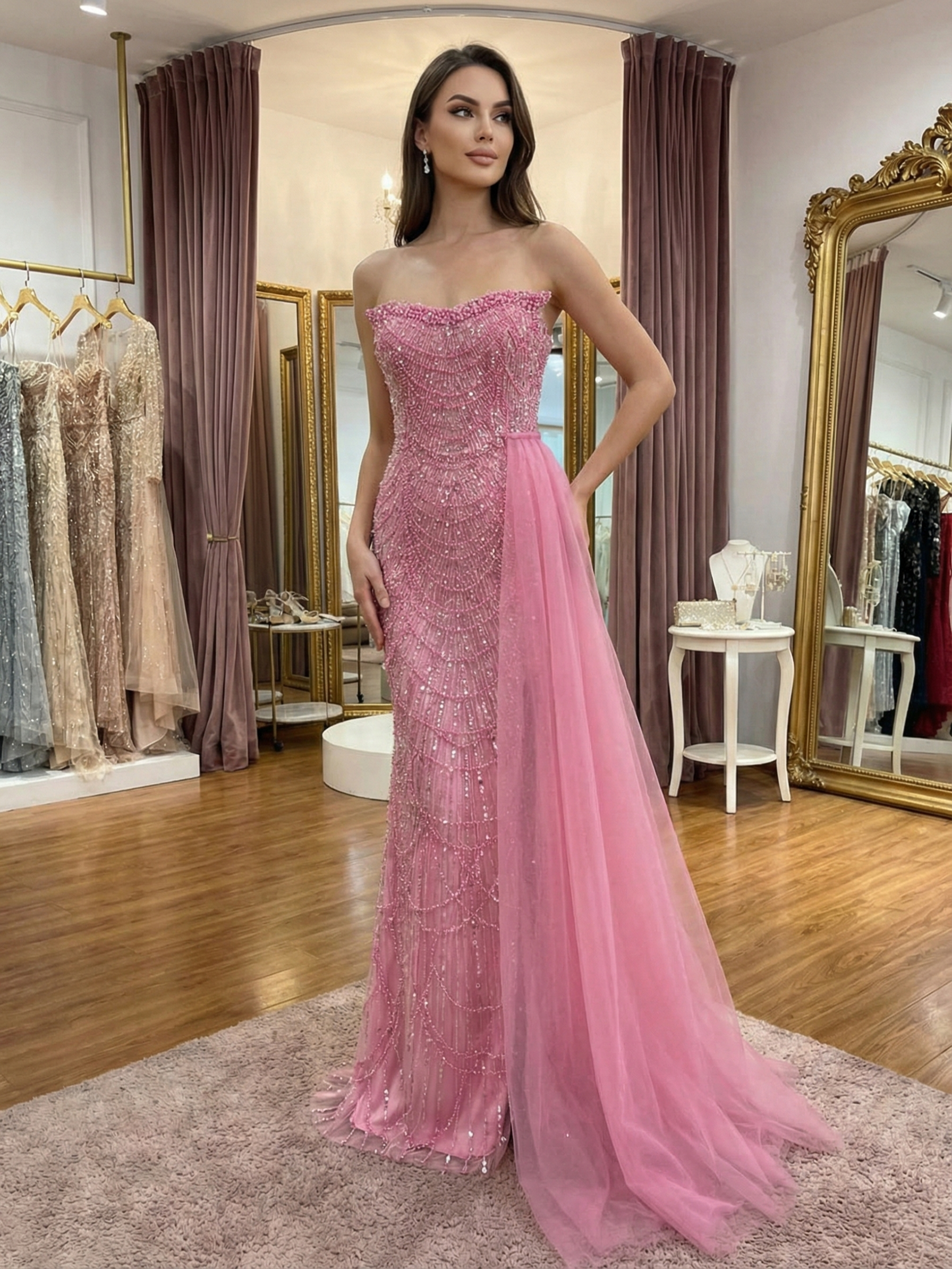 Glamorous Pink Beaded Strapless Prom Dress with Tulle Train