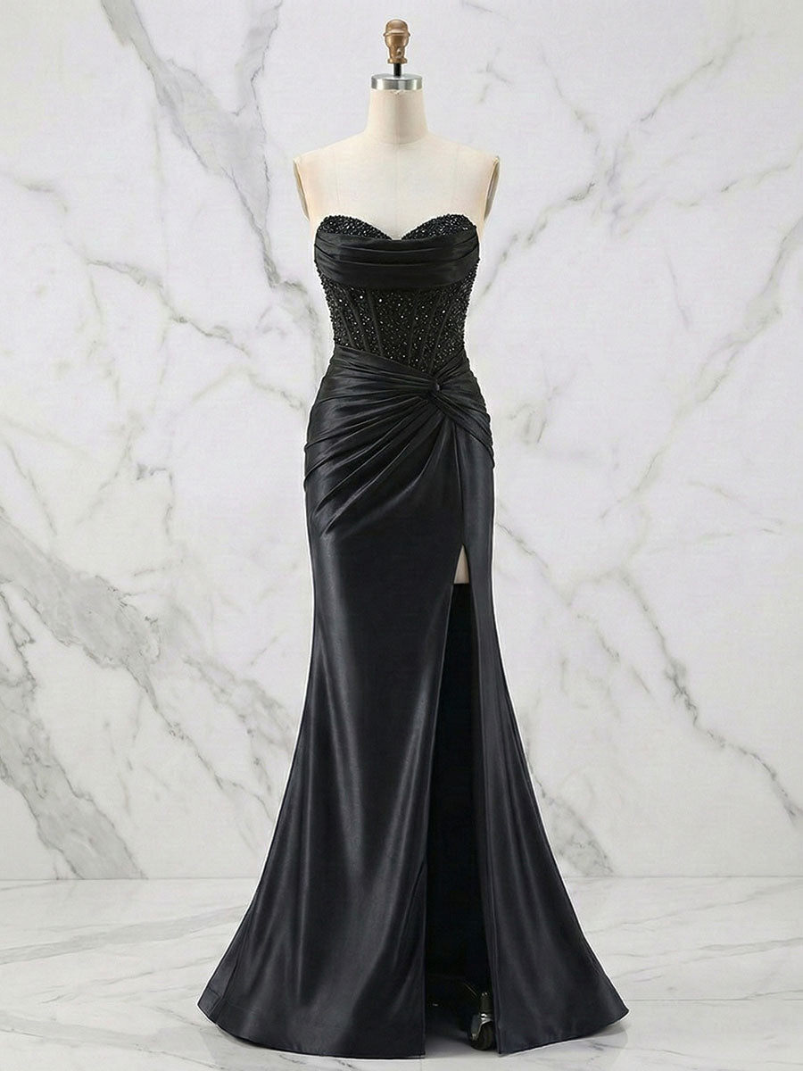 Glamorous Strapless Beaded Corset Satin Prom Dress with Slit