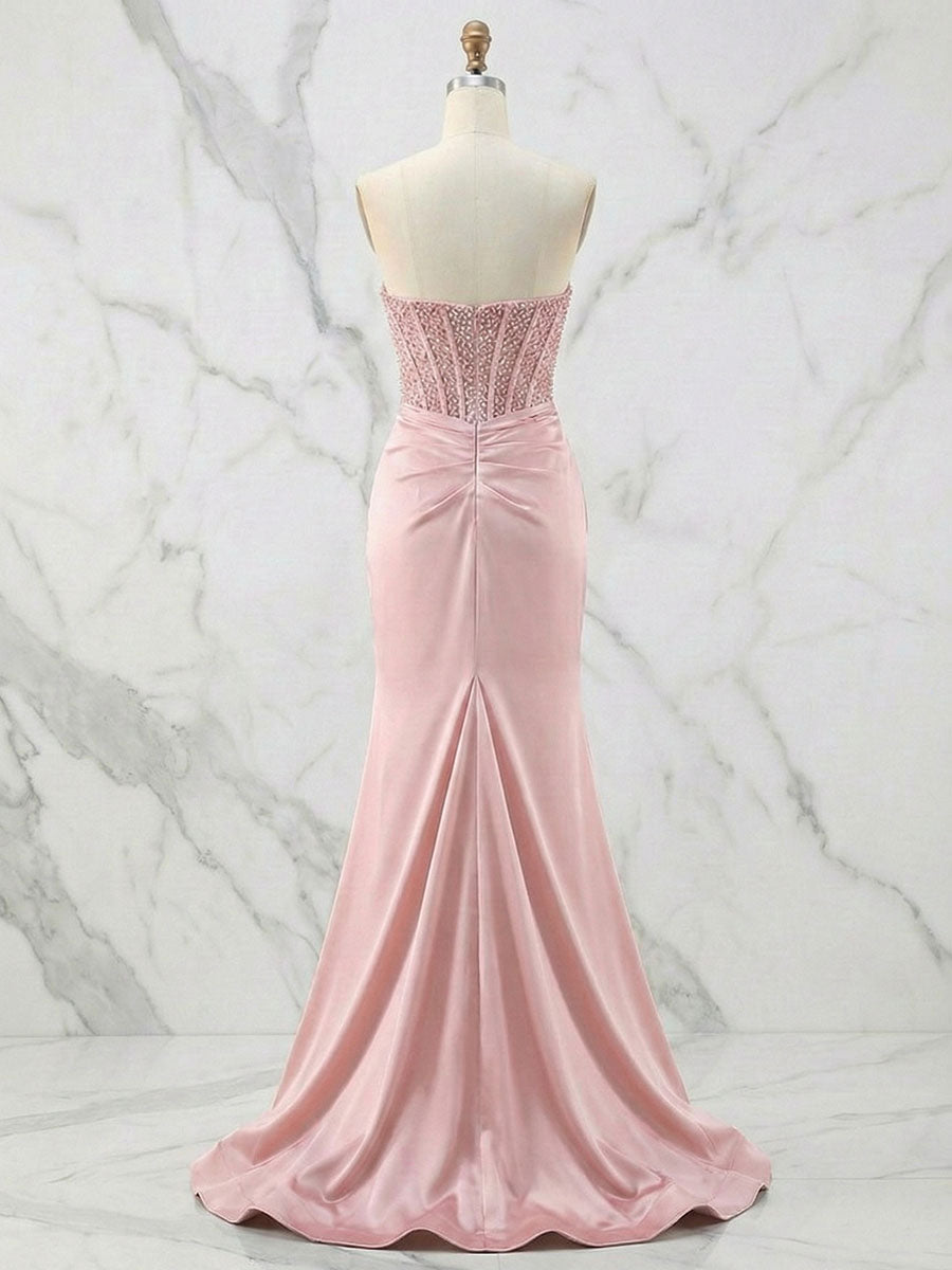 Glamorous Champagne Strapless Crystal Corset Satin Prom Dress with High Slit