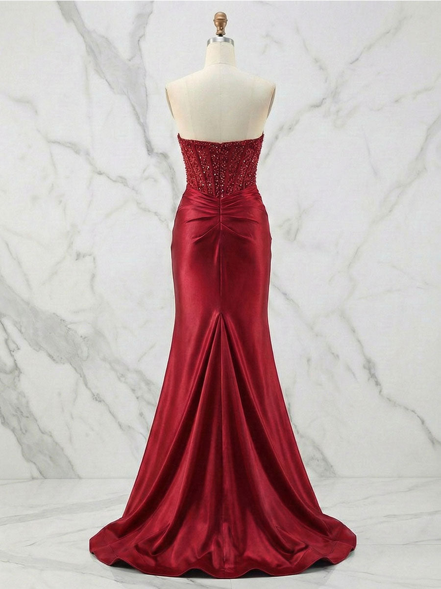 Glamorous Champagne Strapless Crystal Corset Satin Prom Dress with High Slit