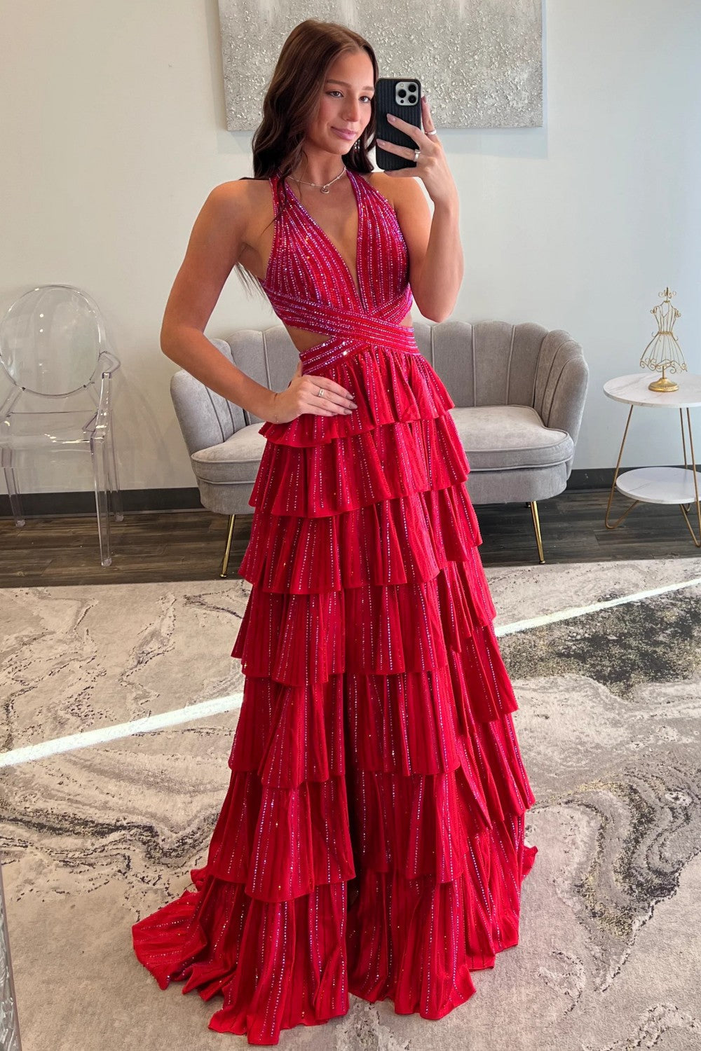 Sparkly A Line Halter Neck Long Tiered Dark Green Beaded Prom Dress with High Slit - View 7 | FashionDia