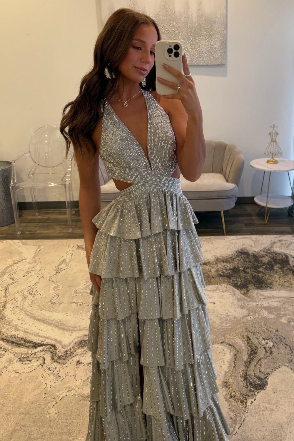 Luxurious Sparkly Mermaid Halter Long Tiered Beaded Prom Dress with High Slit