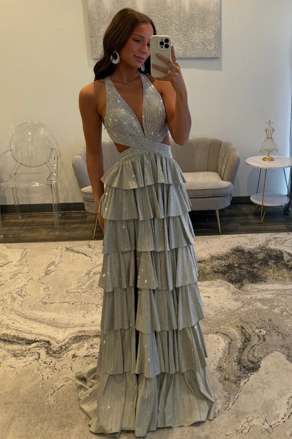 Sparkly A Line Halter Neck Long Tiered Dark Green Beaded Prom Dress with High Slit