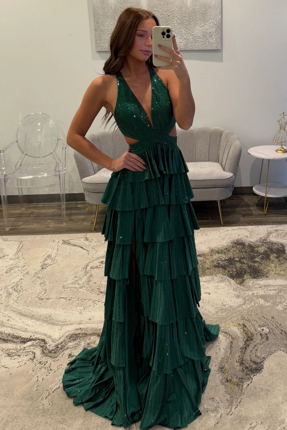 Luxurious Sparkly Mermaid Halter Long Tiered Beaded Prom Dress with High Slit
