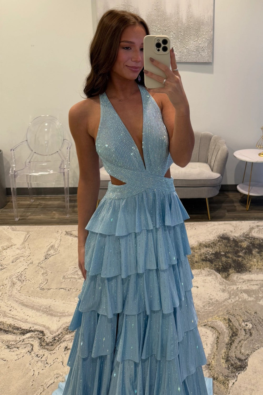 Sparkly A Line Halter Neck Long Tiered Dark Green Beaded Prom Dress with High Slit
