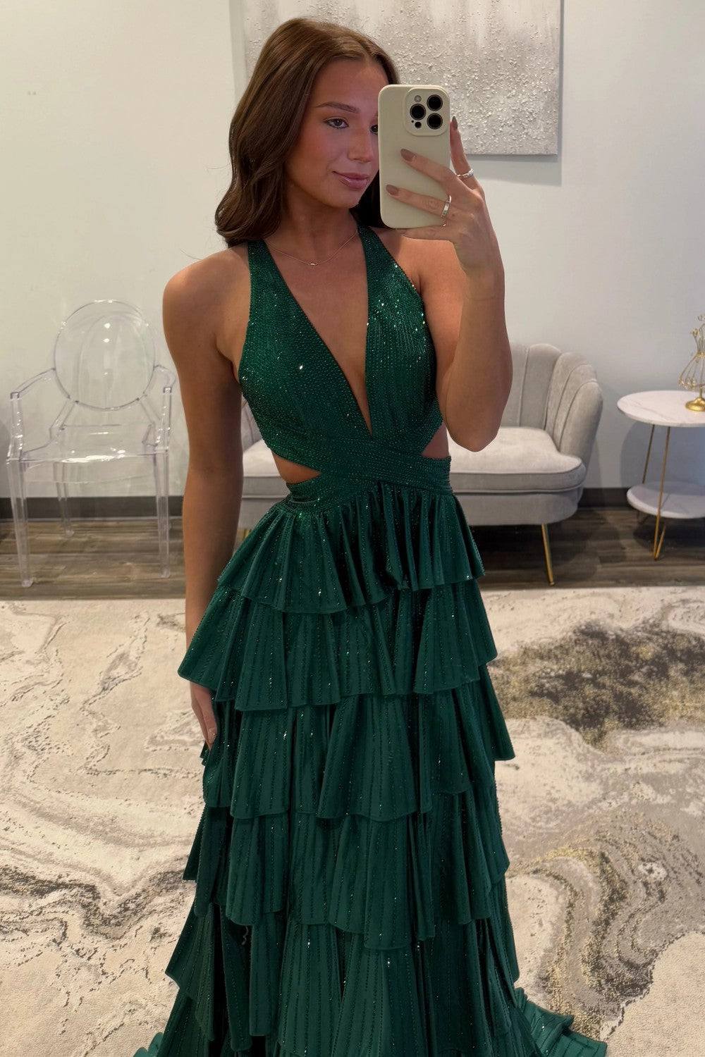 Sparkly A Line Halter Neck Long Tiered Dark Green Beaded Prom Dress with High Slit - View 4 | FashionDia