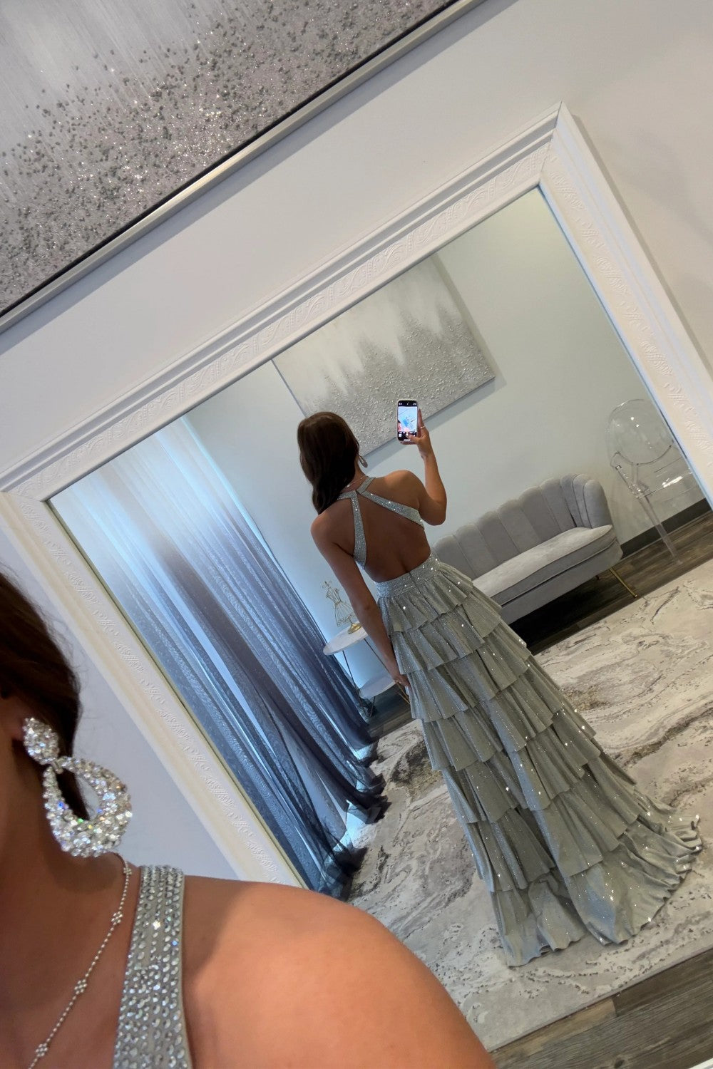Sparkly A Line Halter Neck Long Tiered Dark Green Beaded Prom Dress with High Slit
