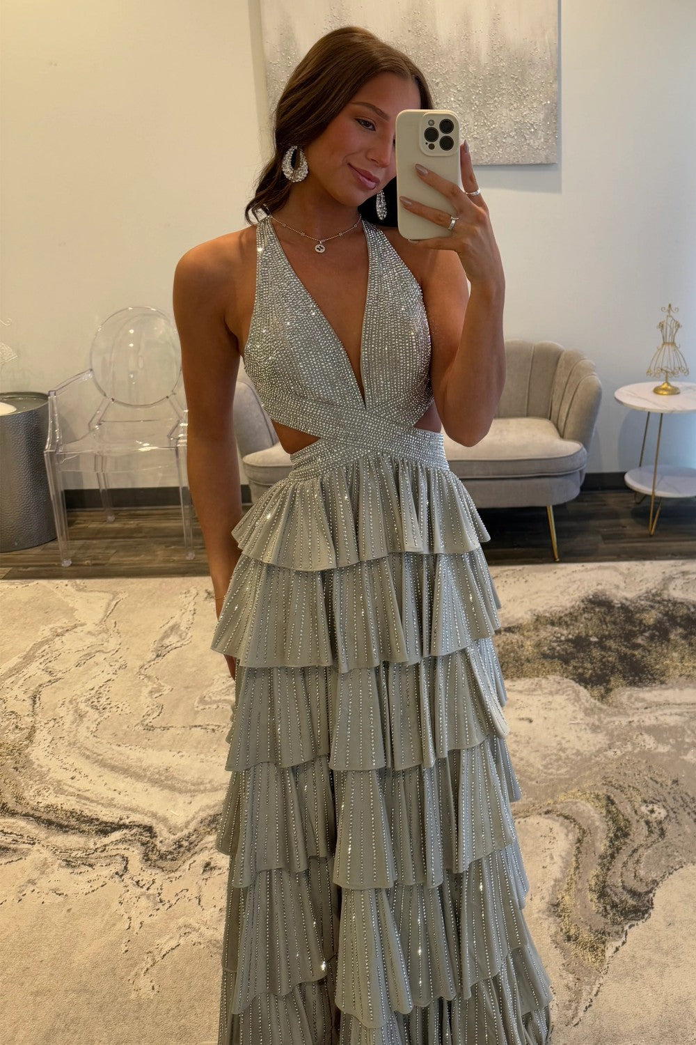 Luxurious Sparkly Mermaid Halter Long Tiered Beaded Prom Dress with High Slit