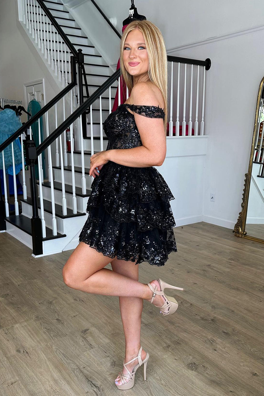 Glitter Fuchsia Homecoming Dresses Tiered A-Line Short Lace Prom Dress