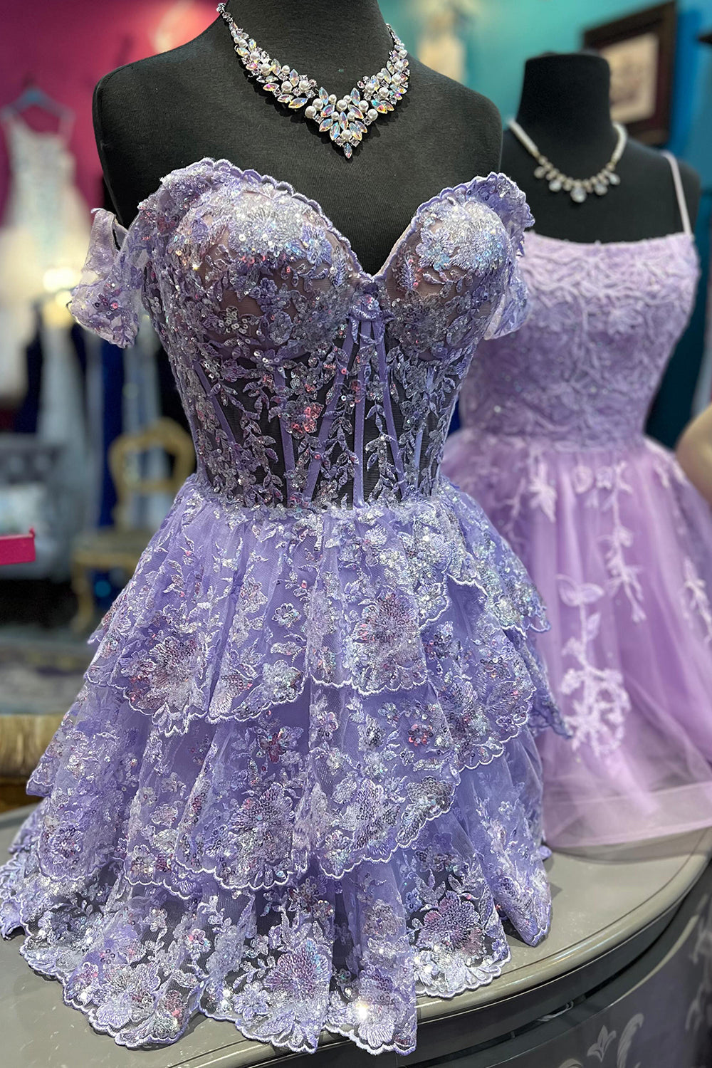Glitter Fuchsia Homecoming Dresses Tiered A-Line Short Lace Prom Dress