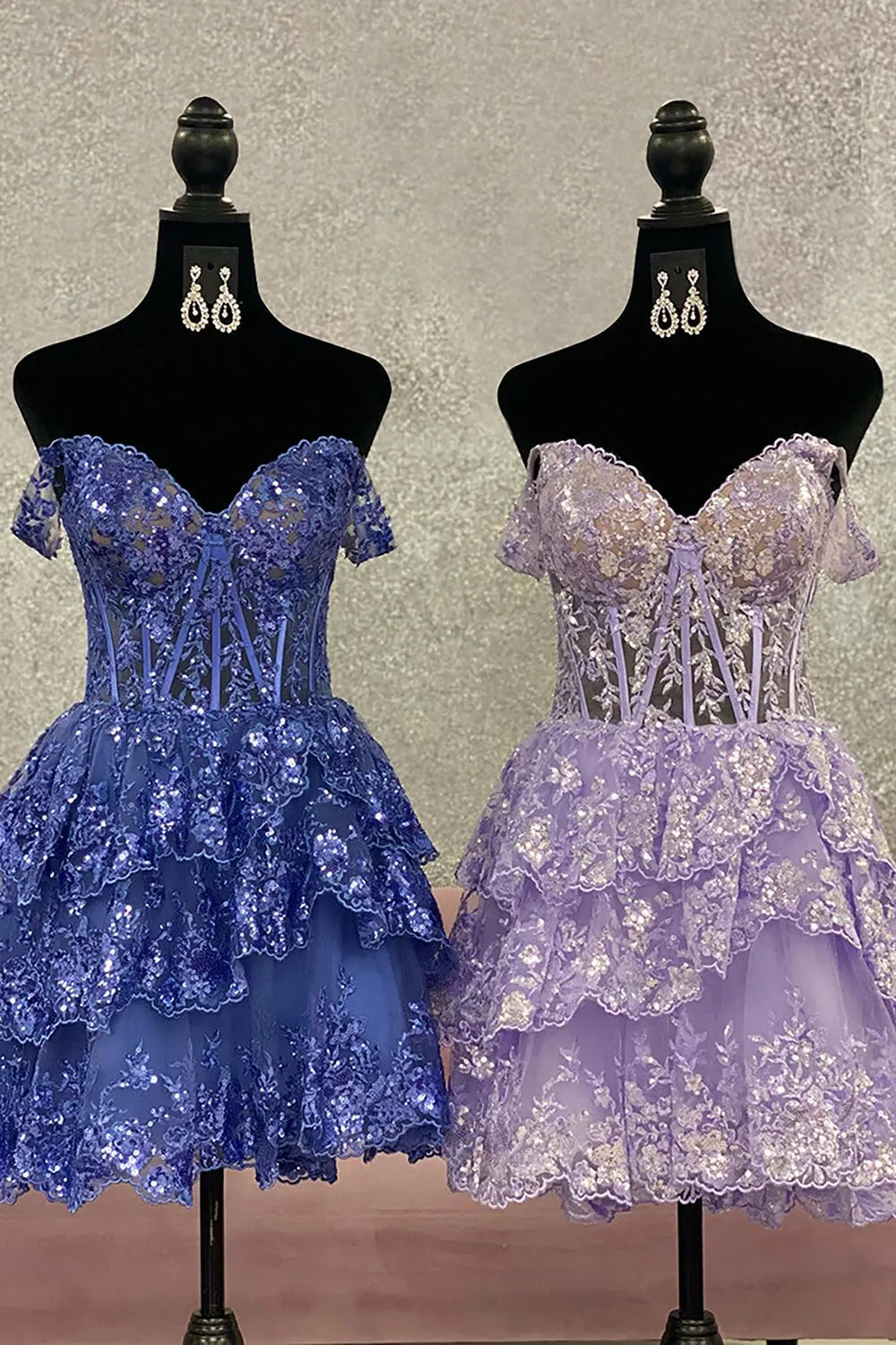 Glitter Fuchsia Homecoming Dresses Tiered A-Line Short Lace Prom Dress