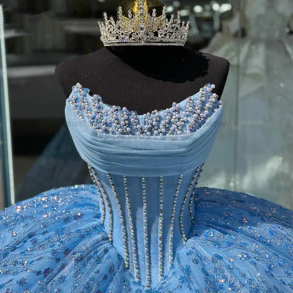 Glitter & Glamorous Ball Gown Strapless Fully Beaded Sequins Sky Blue Tulle Quinceanera Dress Princess Birthday Party Gown For Sweet 16