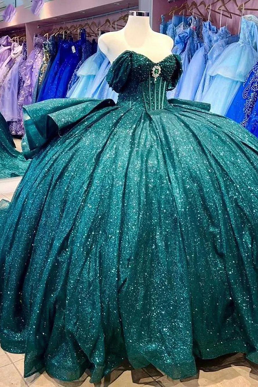Glitter & Sparkly Ball Gown Off Shoulder Tiered Ruffles Emerald Green Tulle Quinceanera Dress Princess Party Gown For Sweet 16
