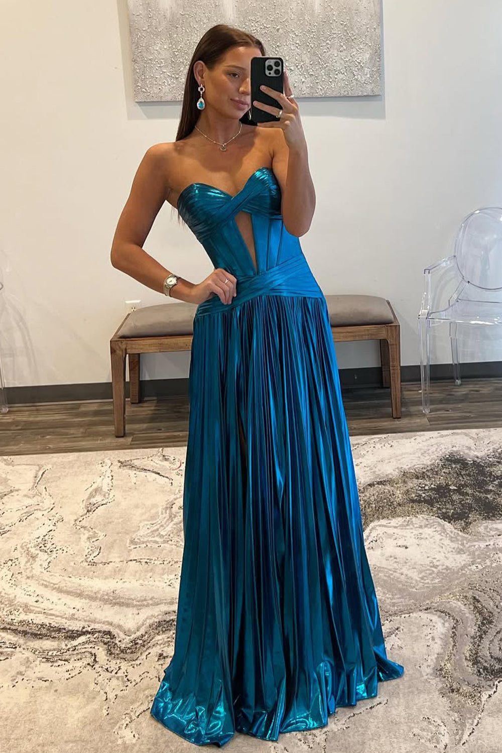 A-Line Peacock Blue Sweetheart Long Metallic A-Line Prom Dress With Leg Slit - FashionDia