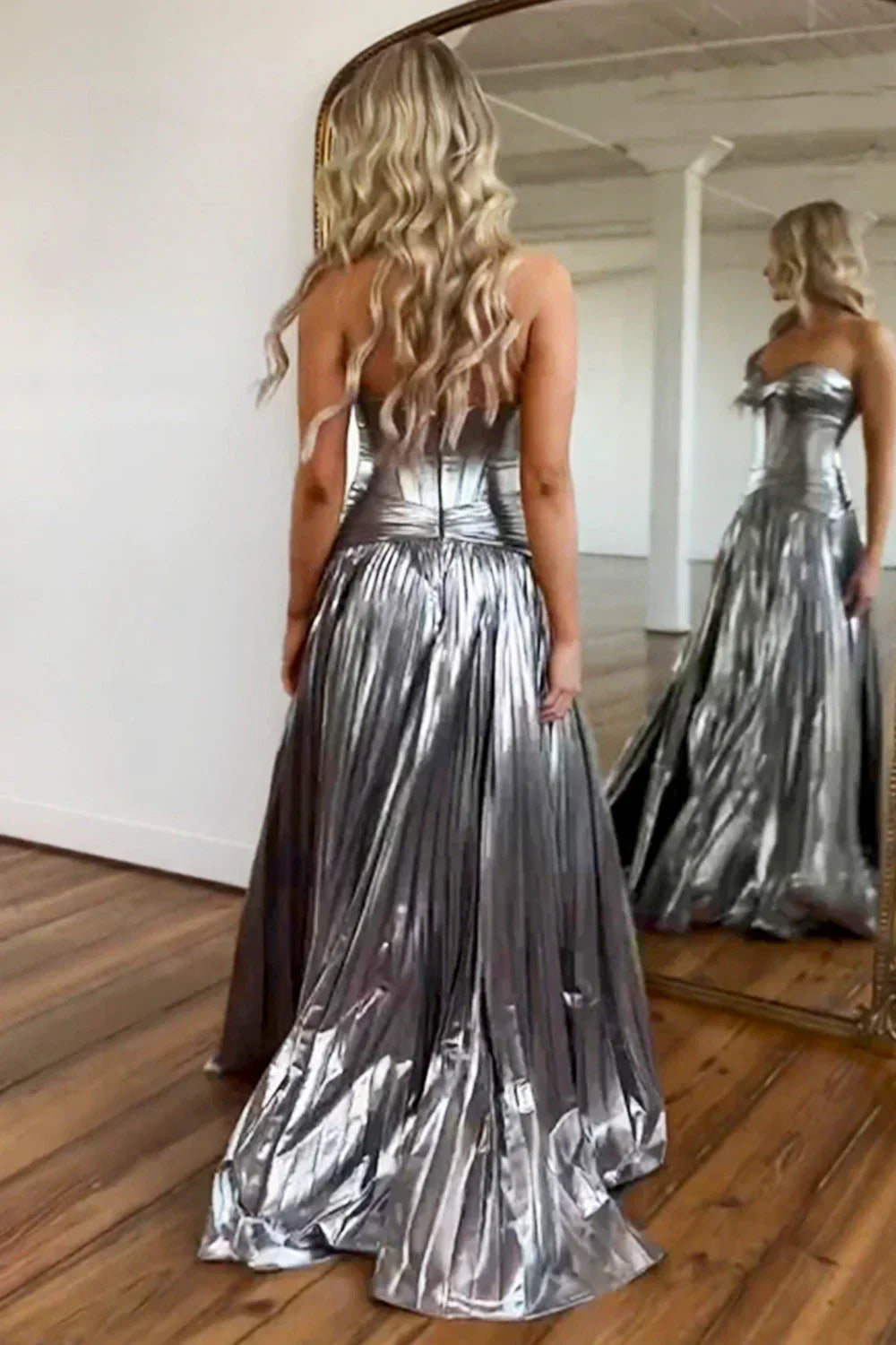 A-Line Peacock Blue Sweetheart Long Metallic A-Line Prom Dress With Leg Slit